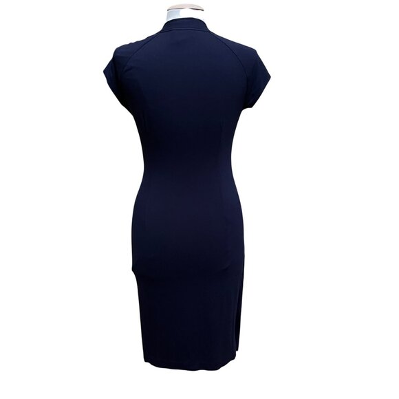 Carmen Navy Blue Faux Wrap Dress‎ Stretch Side V Neck Shirred Grommet Lacing Lg - Picture 3 of 9
